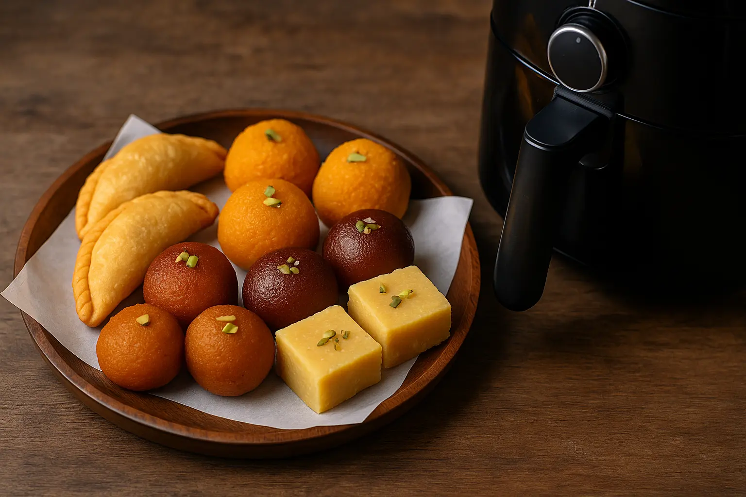 air-fryer-with-indian-sweets-gujiya-ladoo-barfi-gulab-jamun