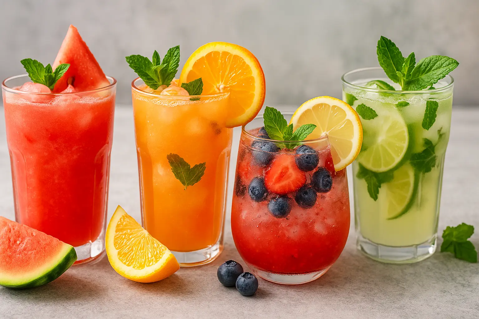 colorful-summer-mocktails-fruit-garnish-refreshing-drinks