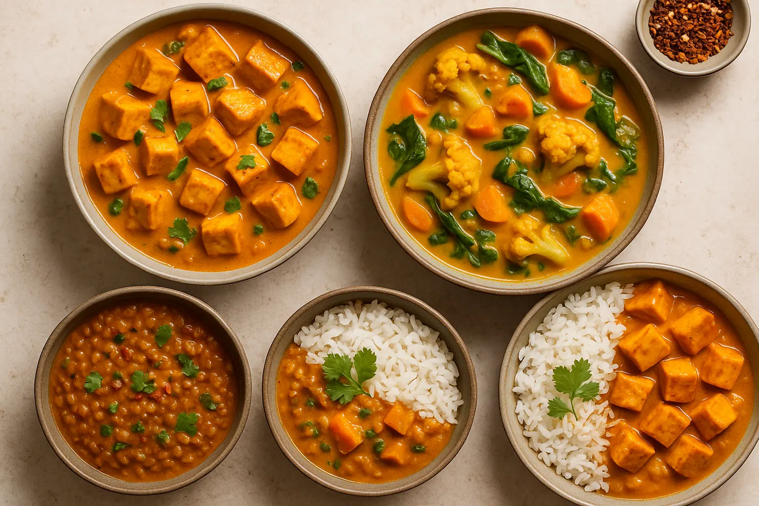colorful-vegan-curries-with-tofu-lentils-and-rice