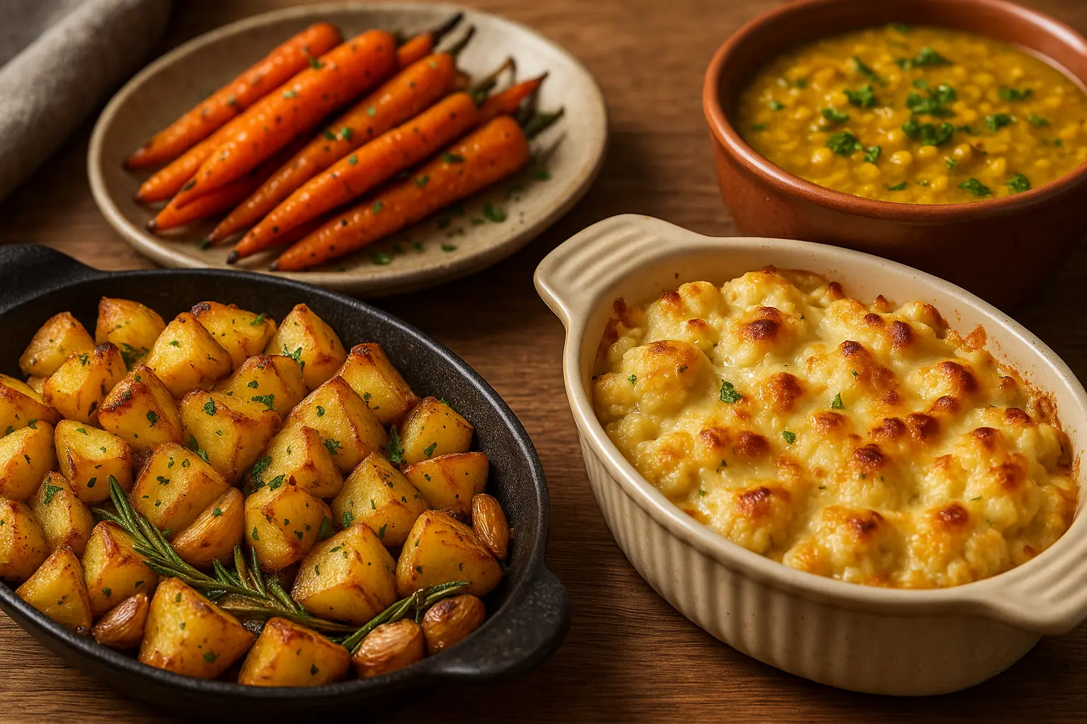 comforting-side-dishes-roast-potatoes-cauliflower-gratin-dal-carrots