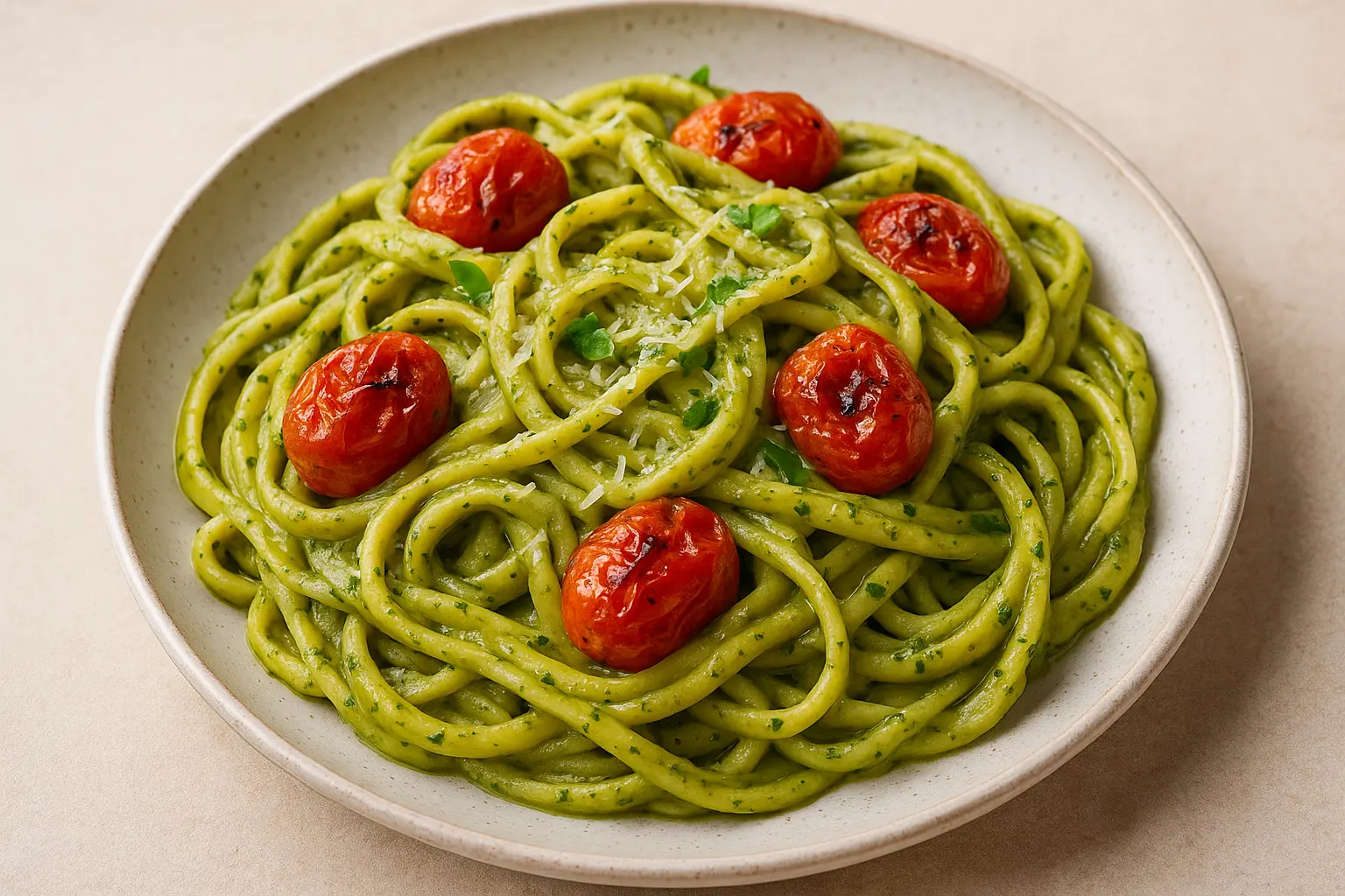 creamy-pesto-pasta-with-roasted-tomatoes