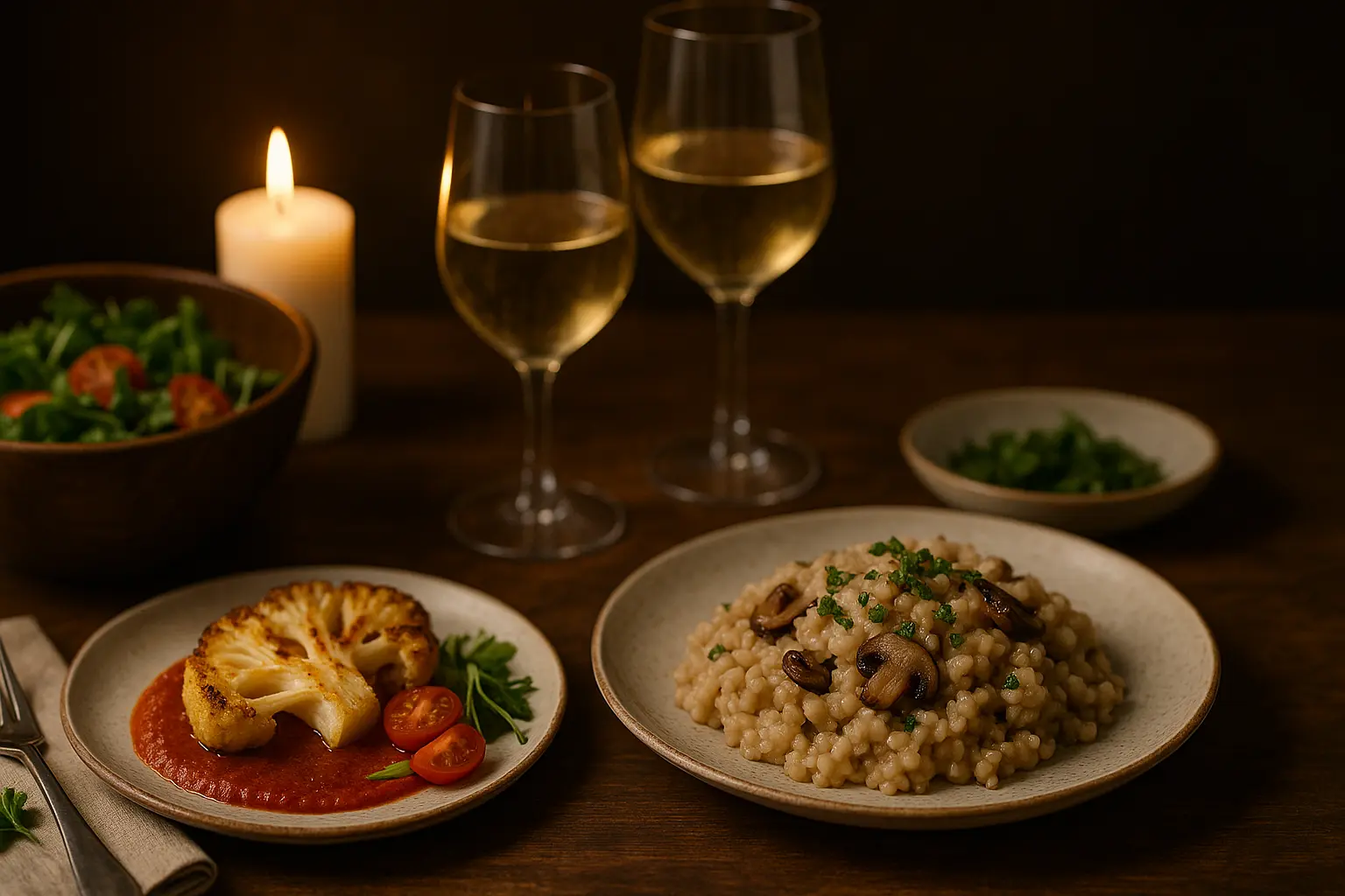 fancy-vegan-dinner-risotto-cauliflower-romantic-table.