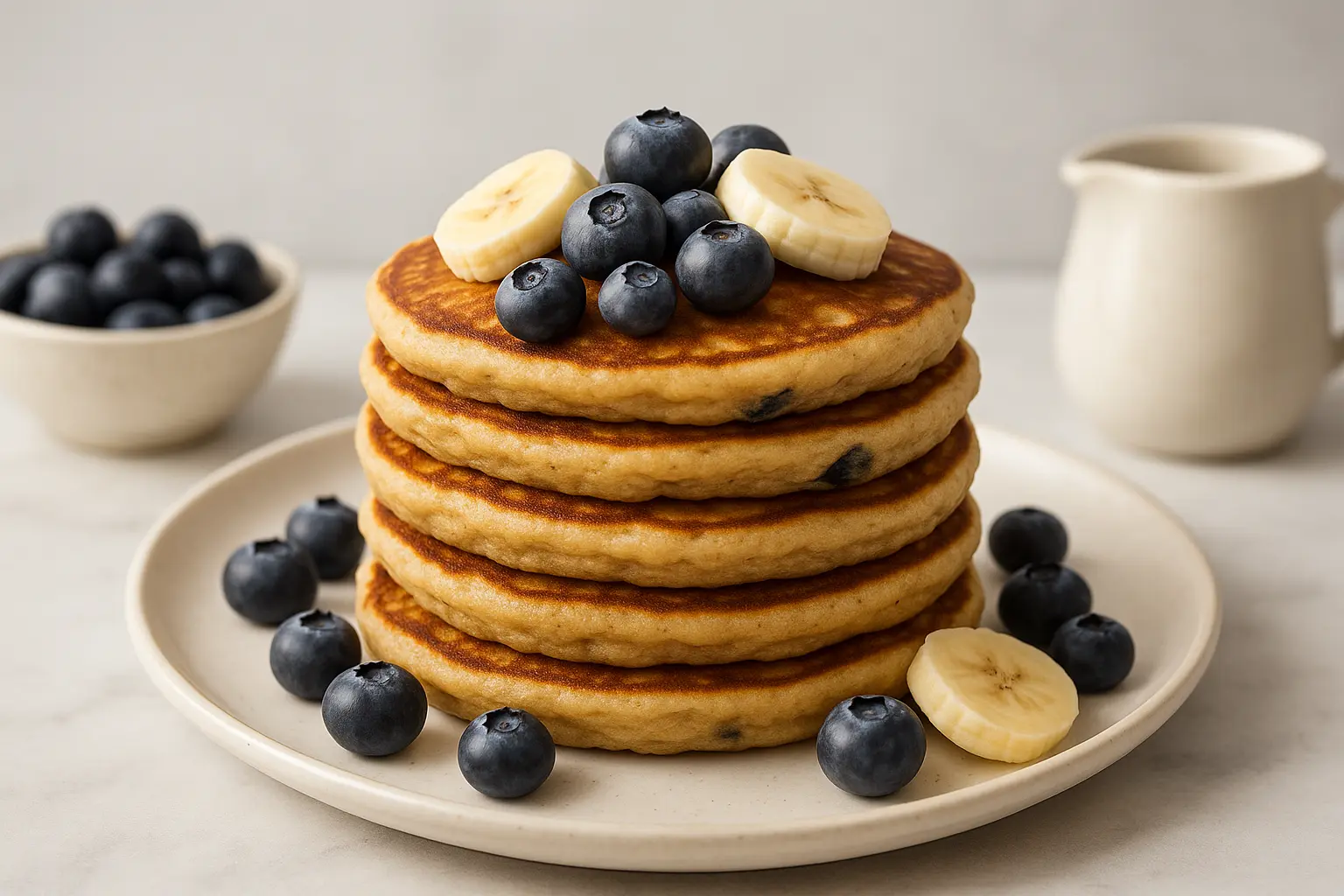 gluten-free-pancakes-stack-blueberries-bananas