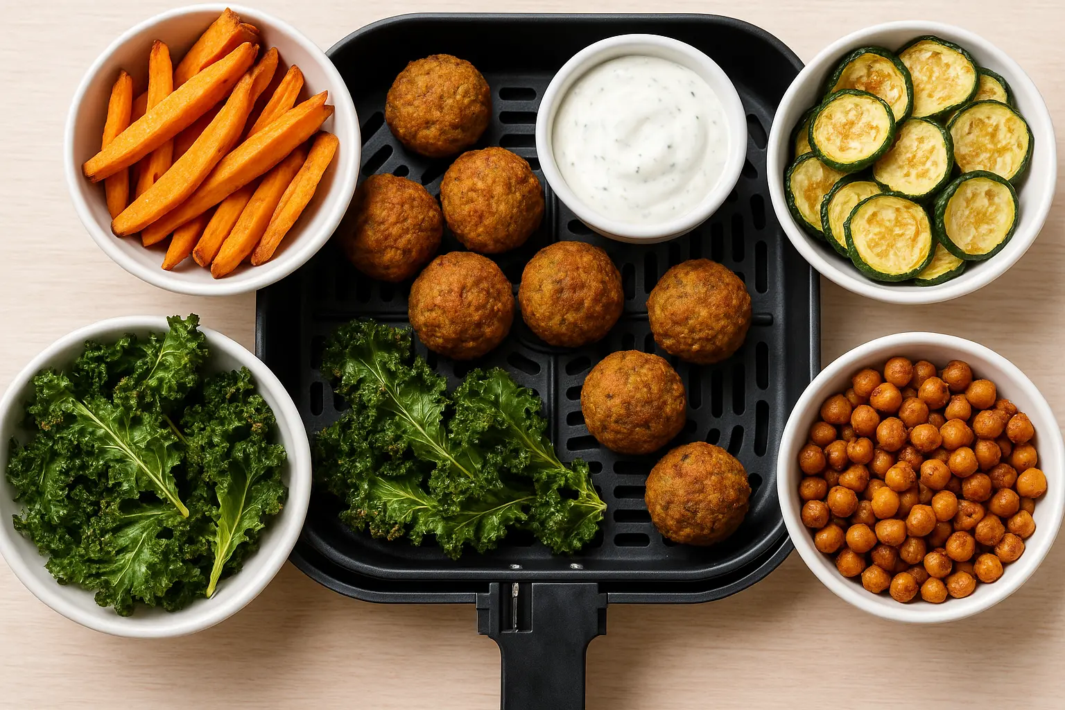 healthy-air-fryer-snacks-sweet-potato-falafel-zucchini-chickpeas-kale.