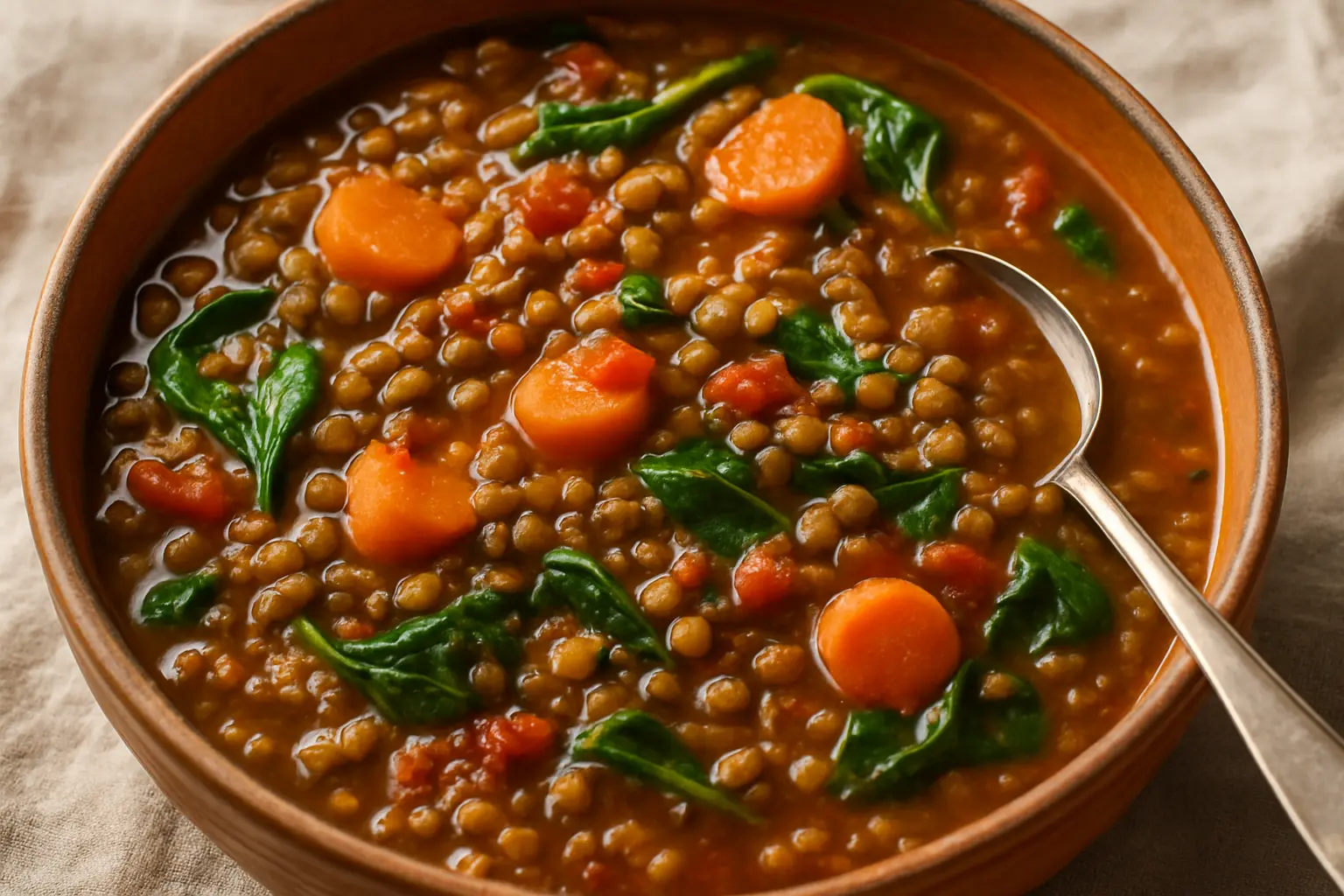hearty-vegan-lentil-stew-with-carrots-spinach-bowl