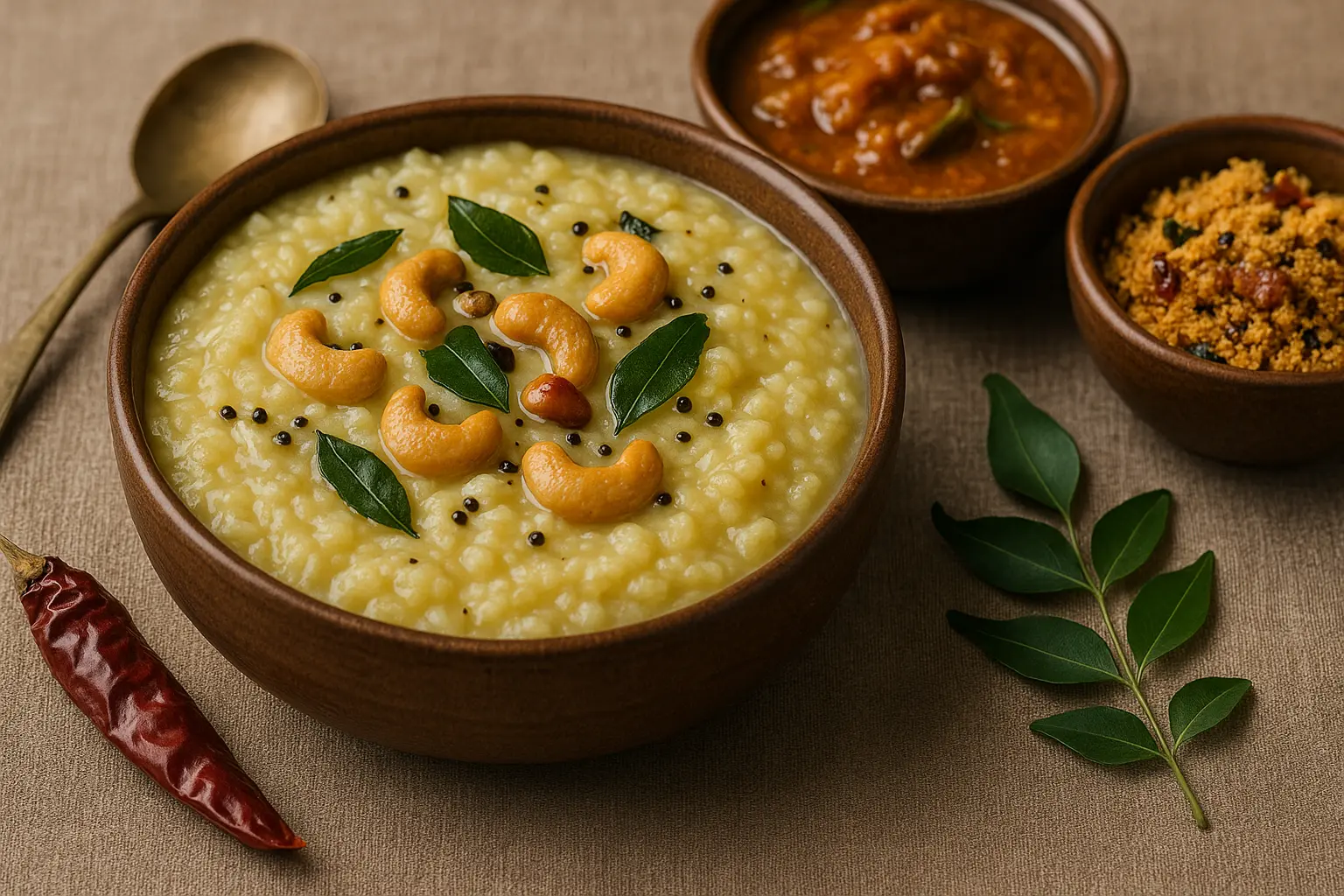 pongal-rice-porridge-with-cashews-and-sambar