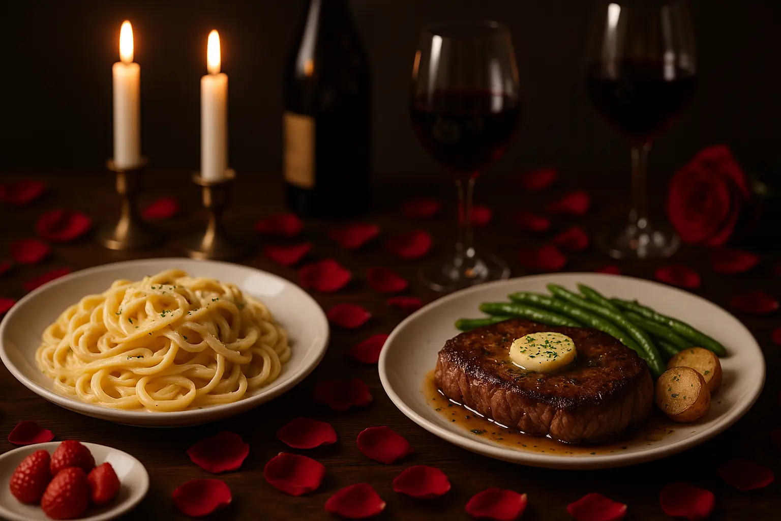 romantic-dinner-steak-pasta-date-night-setup