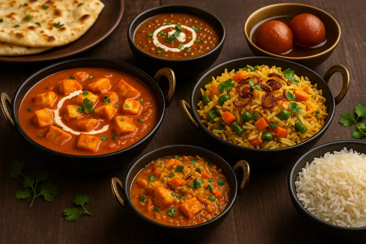 romantic-indian-dinner-paneer-biryani-dal-gulab-jamun.