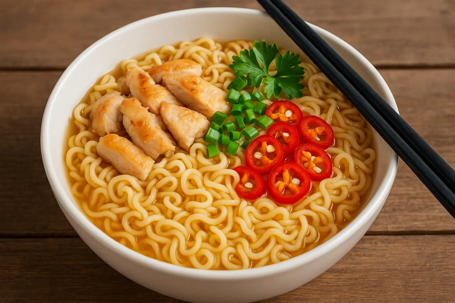 Spicy Chicken Ramen Bowl with Chilli and Greens