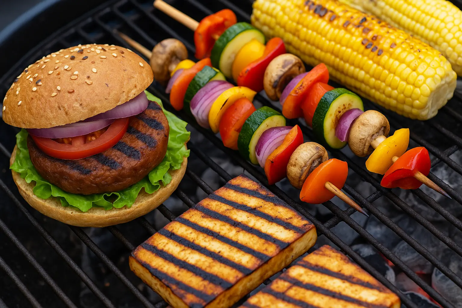 vegan-bbq-burger-tofu-veg-skewers-corn-on-grill.PNG