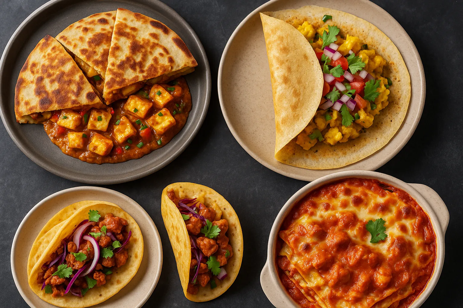 fusion-indian-dishes-paneer-quesadilla-dosa-taco-butter-chicken-lasagna