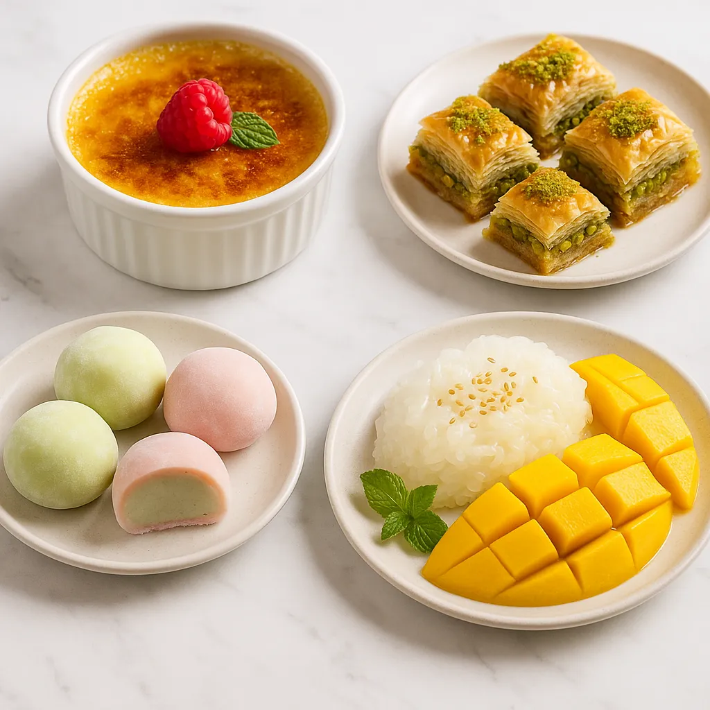 global-dessert-platter-creme-brulee-baklava-mochi-mango-sticky-rice.