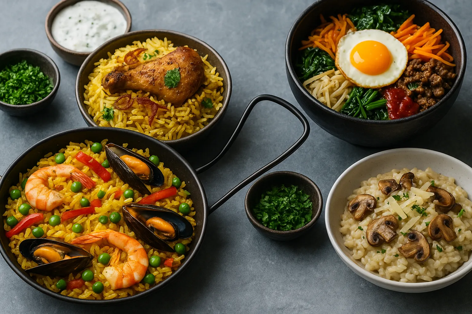 global-rice-dishes-biryani-paella-bibimbap-risotto
