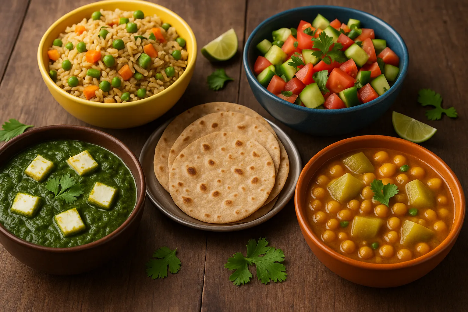 healthy-indian-weight-loss-meal-palak-paneer-roti-vegetable-pulao-salad.