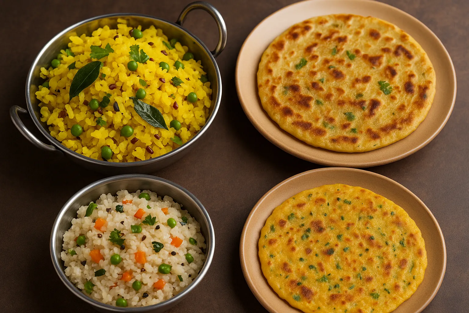 indian-breakfast-poha-upma-chilla-paratha-dishes