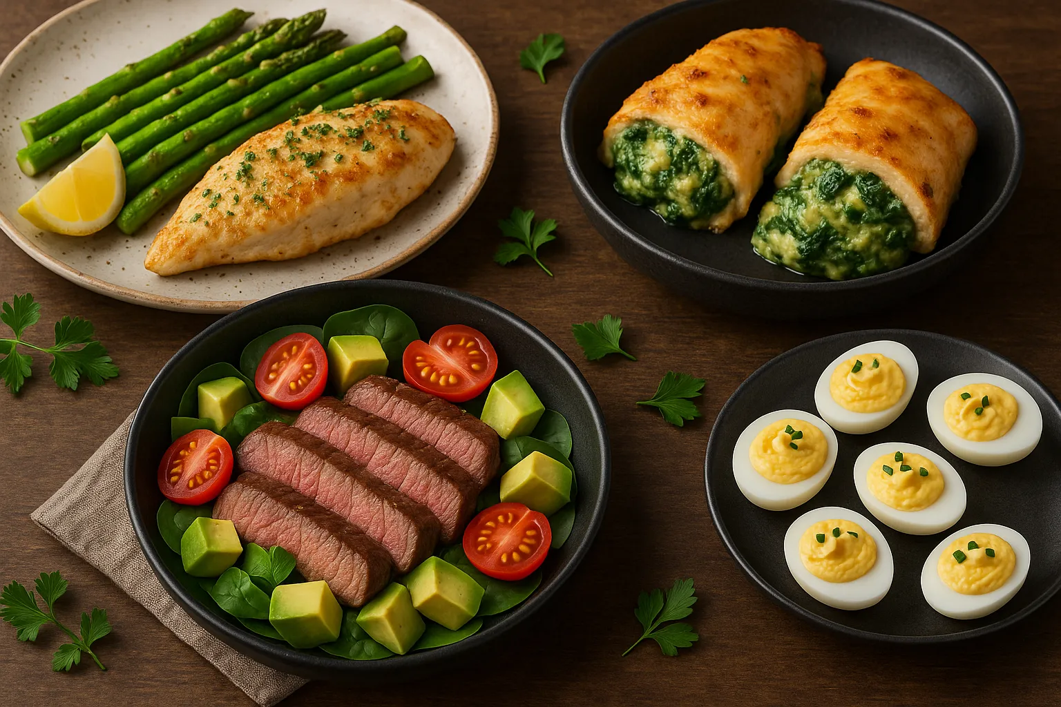 keto-dinner-recipes-steak-salad-spinach-chicken-deviled-eggs