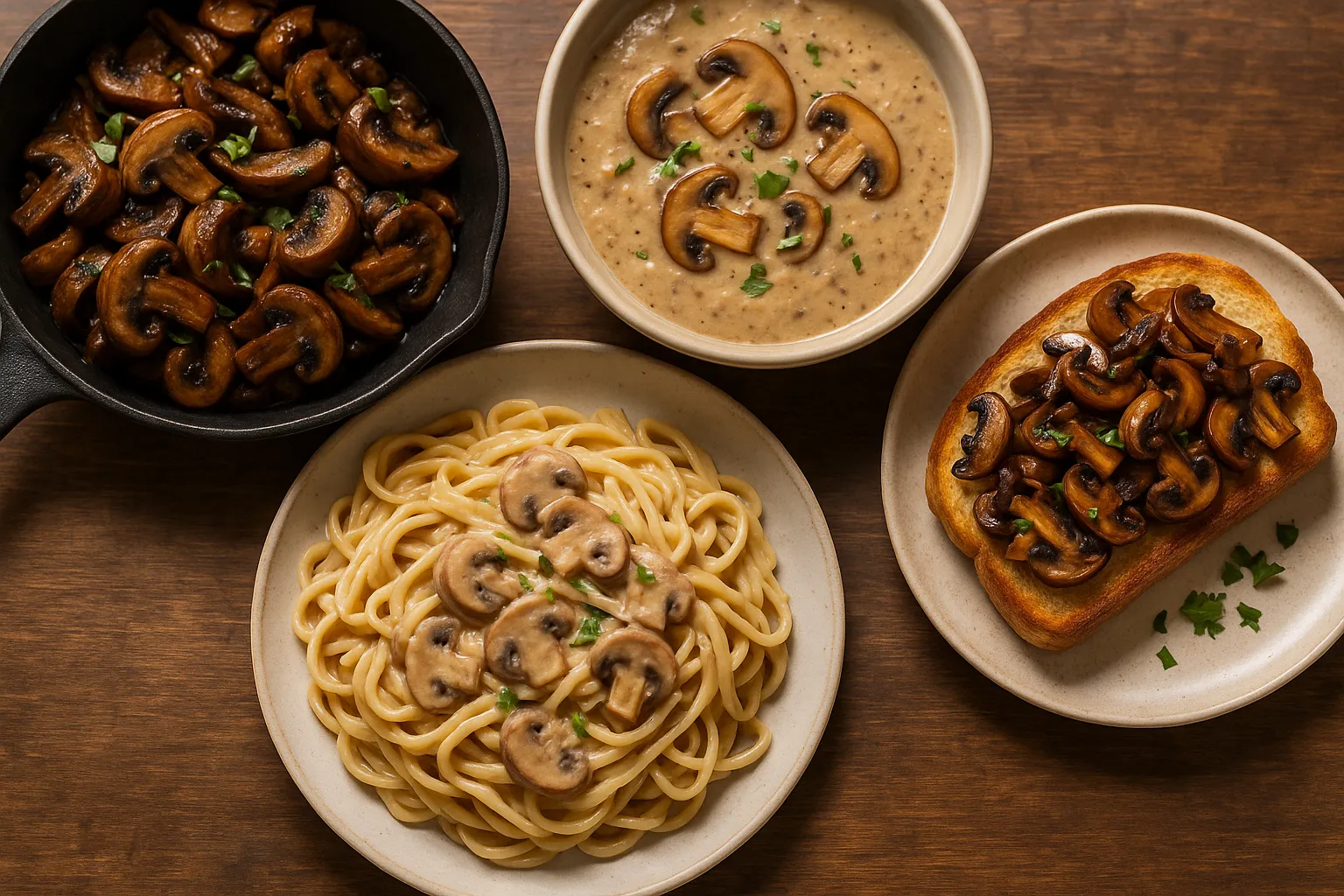 mushroom-dishes-rustic-table-soup-toast-pasta-stirfry